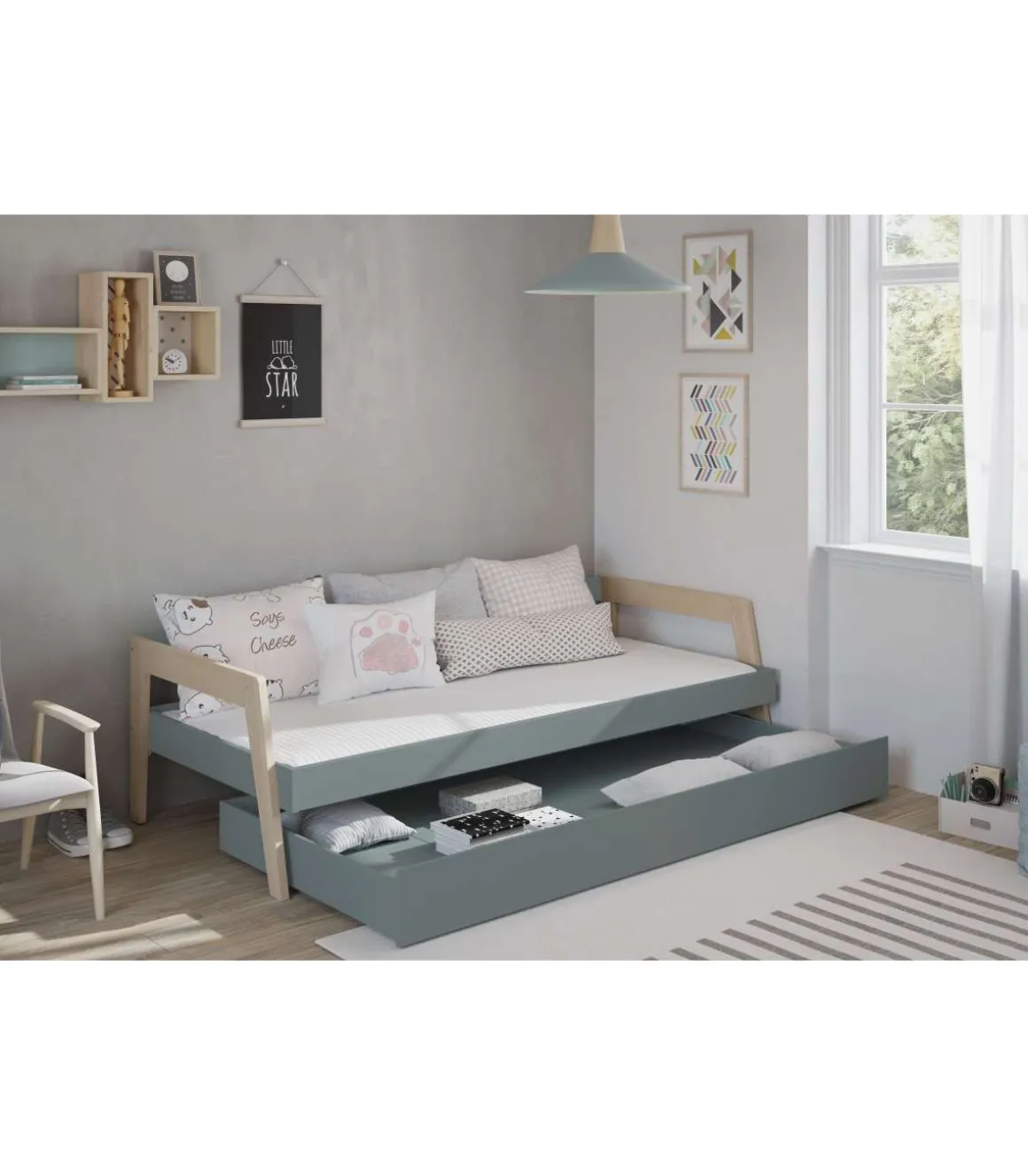 Cama nido juvenil ADAMO acabado verde kaki/cera blanca, 59.5cm(alto) 210cm(ancho) 96cm(fondo)