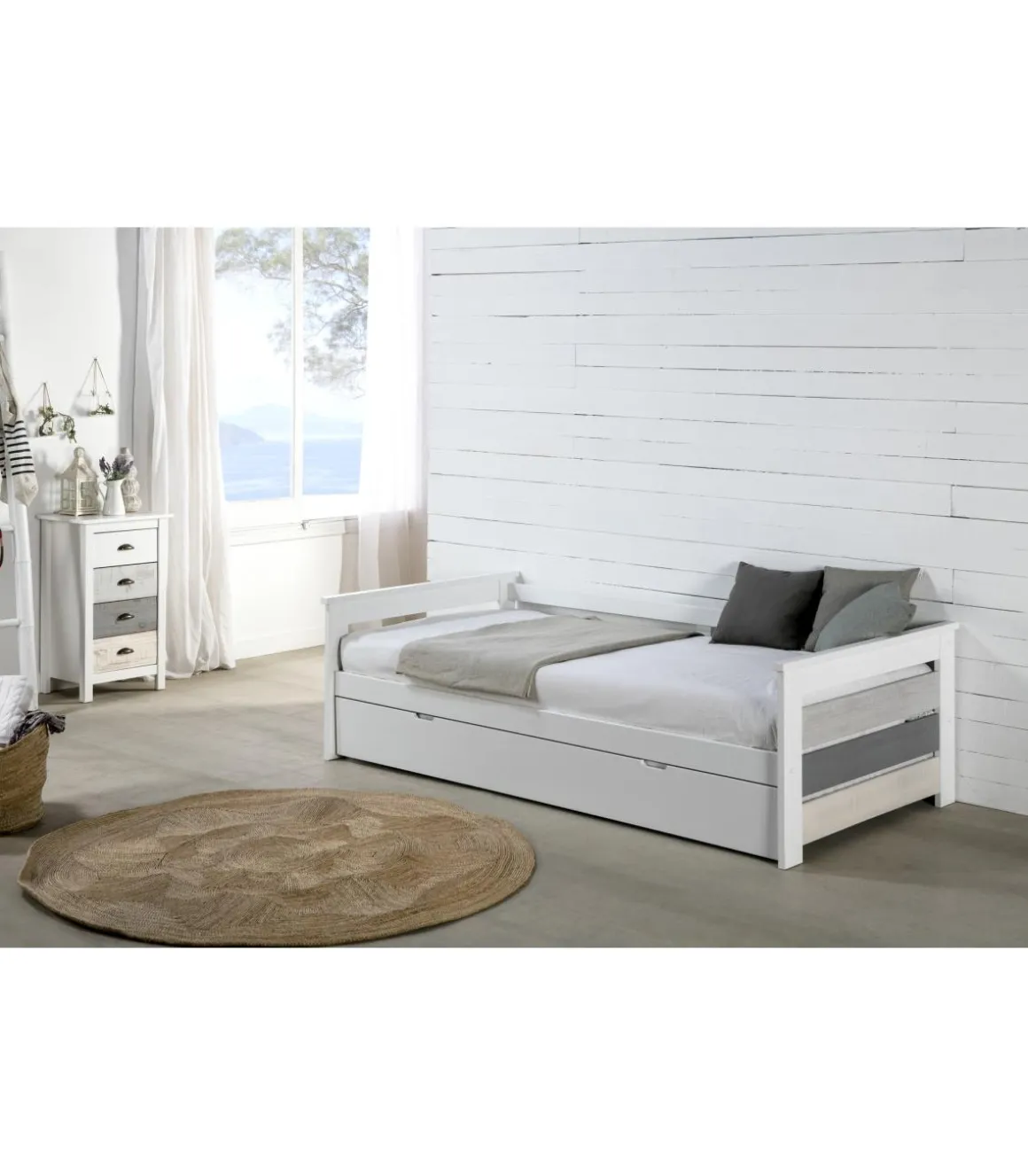 Cama nido modelo Amor para dormitorio juvenil acabado en tonos grises-blanco, 105 cm (Ancho) 198cm (Fondo) 62 cm (Alto