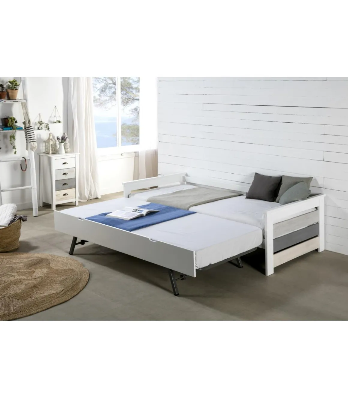 Cama nido modelo Amor para dormitorio juvenil acabado en tonos grises-blanco, 105 cm (Ancho) 198cm (Fondo) 62 cm (Alto