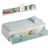 Cama nido Moy con estantería de pared en blanco alpes y verde aqua