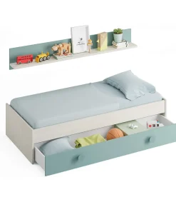 Cama nido Moy con estantería de pared en blanco alpes y verde aqua