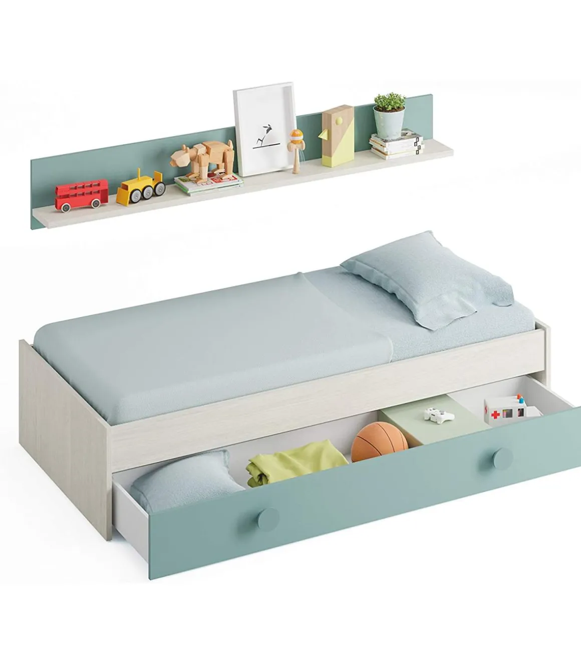 Cama nido Moy con estantería de pared en blanco alpes y verde aqua