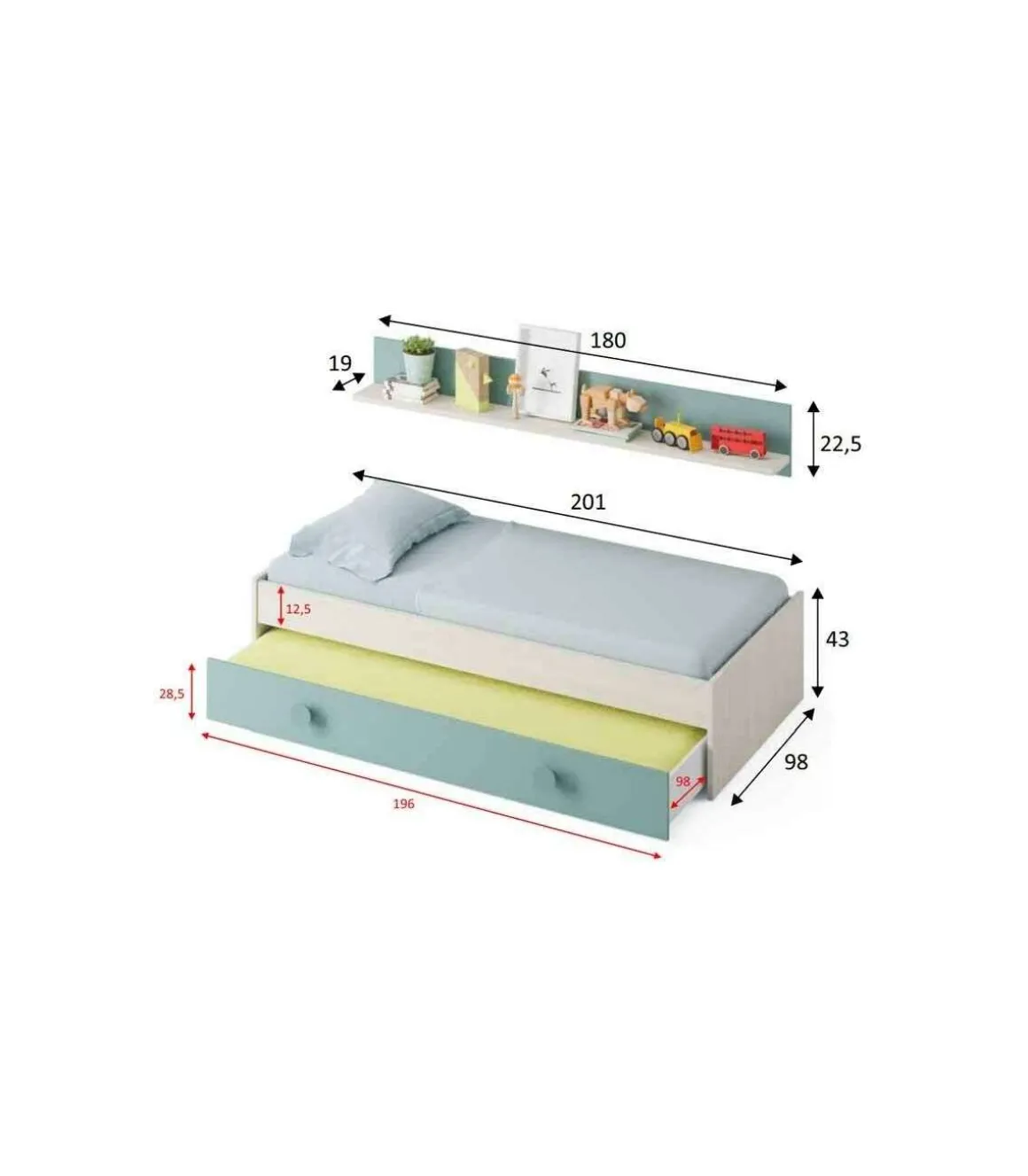 Cama nido Moy con estantería de pared en blanco alpes y verde aqua