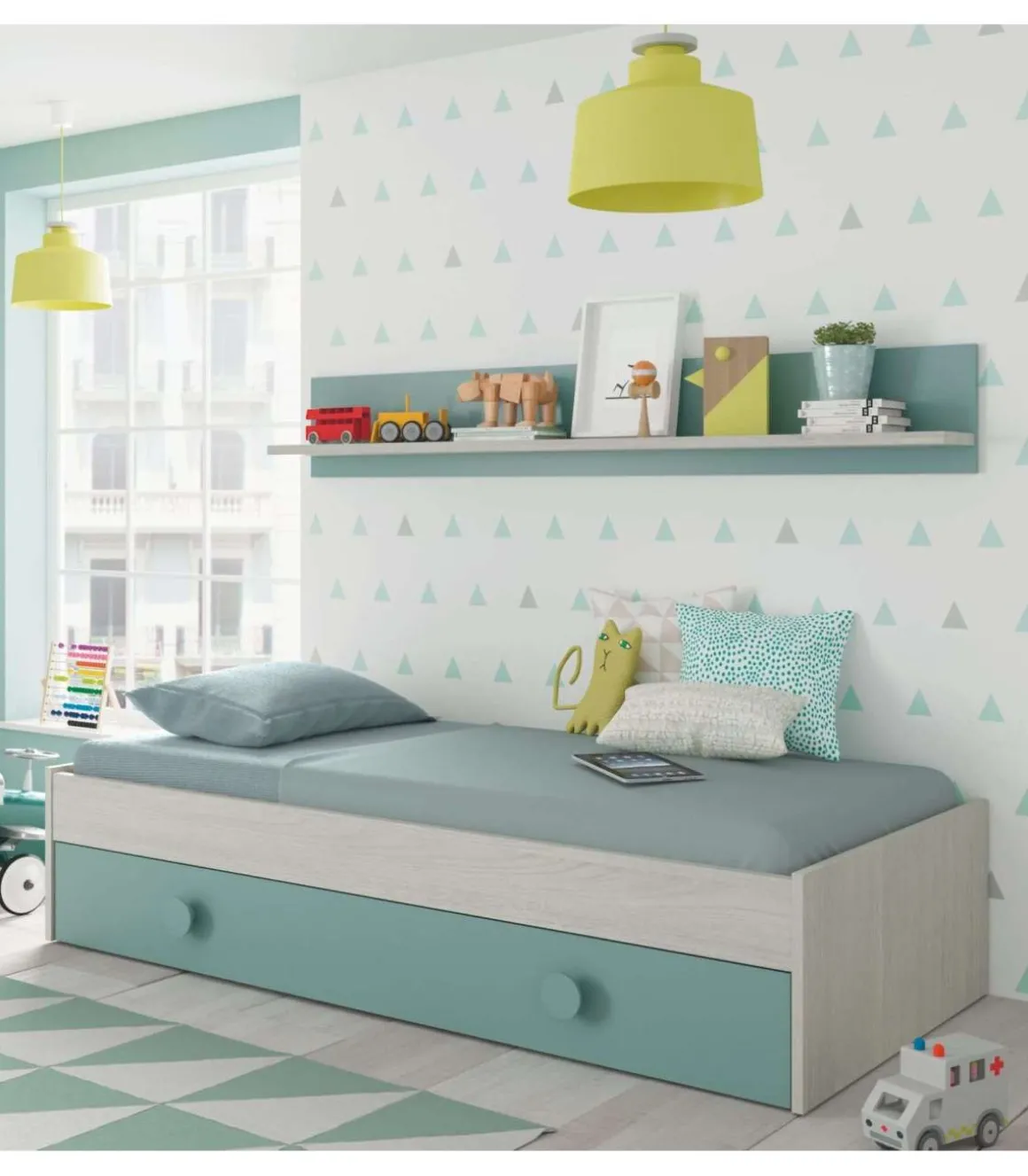 Cama nido Moy con estantería de pared en blanco alpes y verde aqua