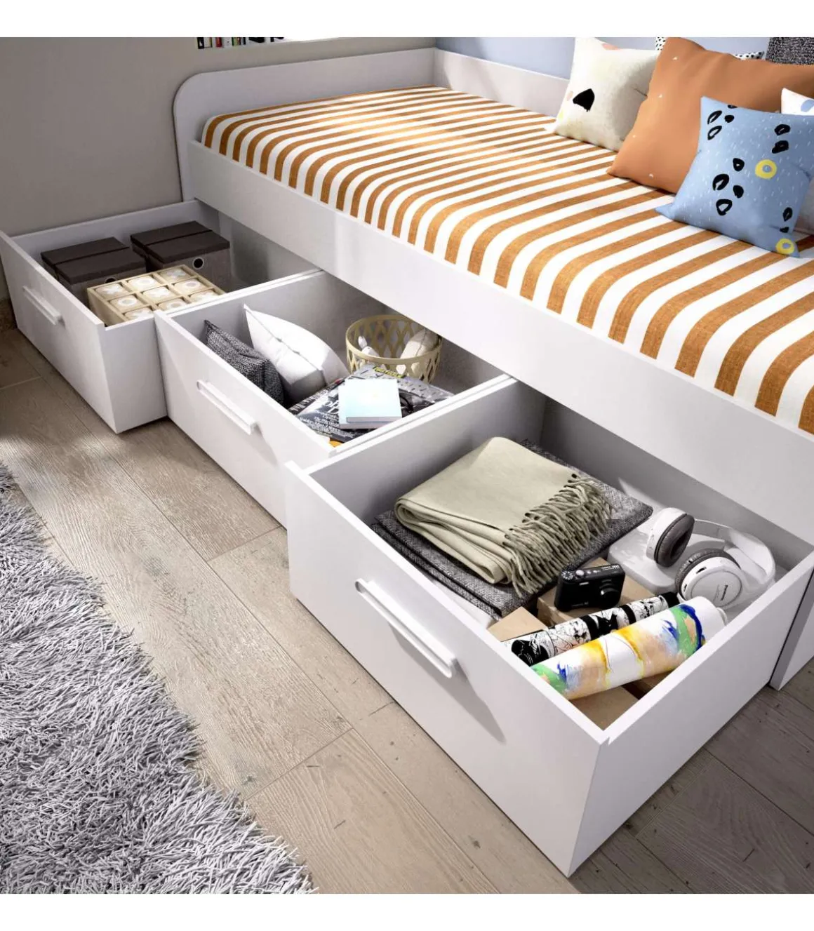 Cama Nido Tir 3 cajones Blanco, 60cm(alto) 194.3cm(ancho) 97cm(largo)