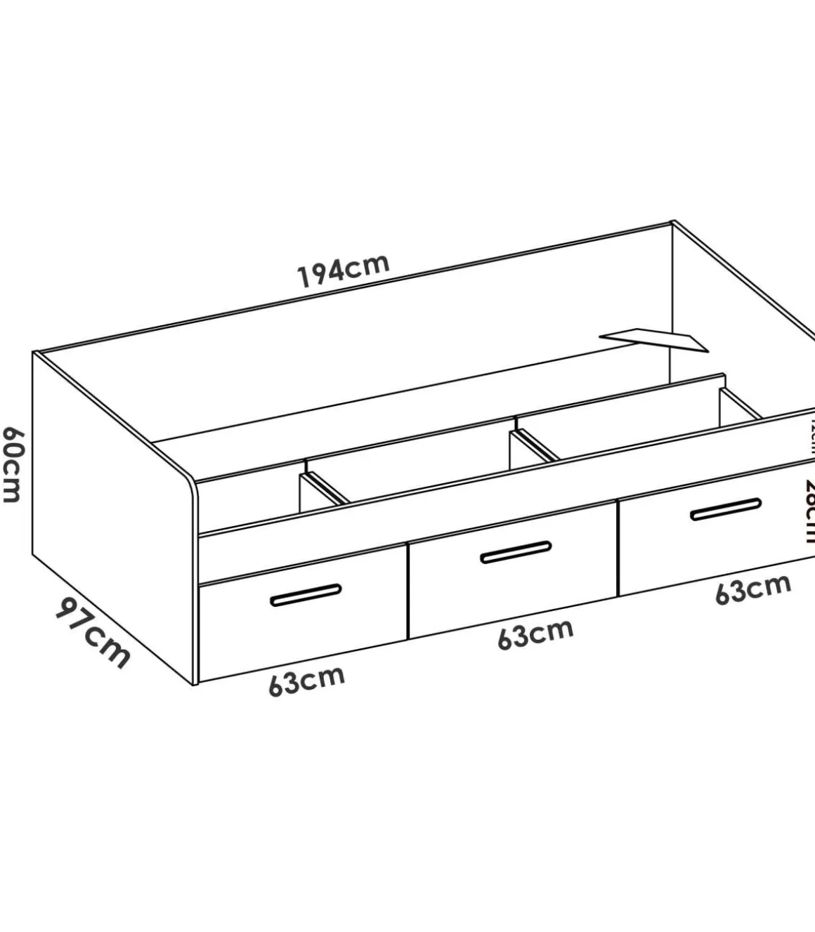 Cama Nido Tir 3 cajones Blanco, 60cm(alto) 194.3cm(ancho) 97cm(largo)