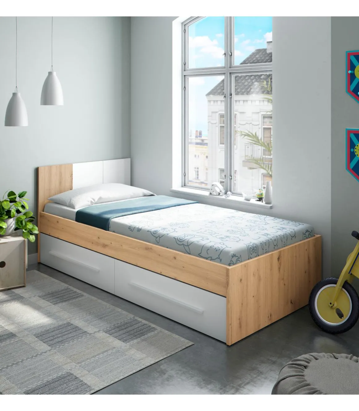 Cama Nuria con dos cajones 90 cm para dormitorio juvenil 77 cm(alto) 92 cm(ancho) 196 cm(largo)