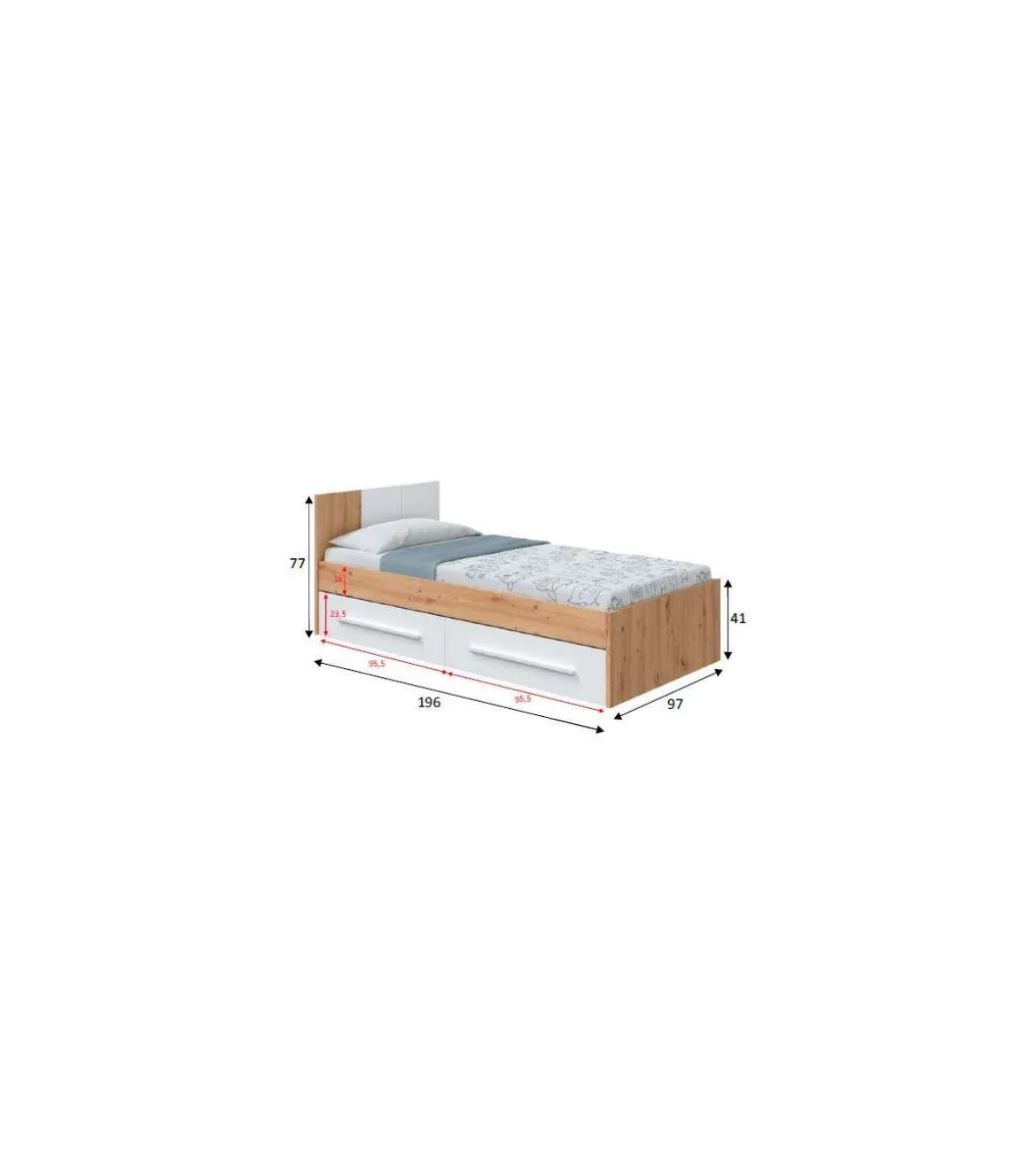 Cama Nuria con dos cajones 90 cm para dormitorio juvenil 77 cm(alto) 92 cm(ancho) 196 cm(largo)