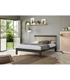 Cama para dormitorio matrimonio Xana acabado antracita/roble. Para colchón 140x190 cm.