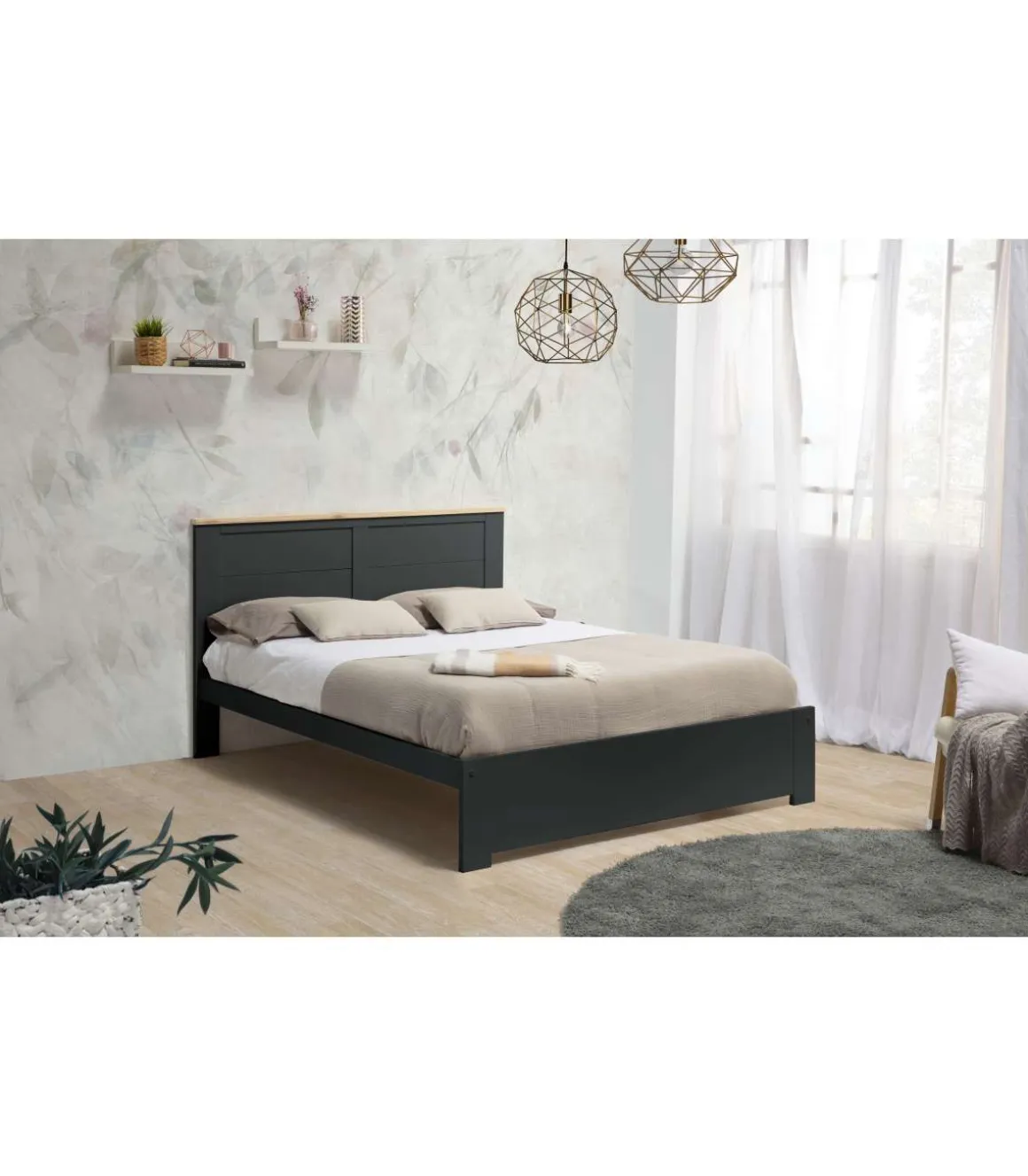 Cama para dormitorio matrimonio Anika acabado gris antracita. Para colchón 160x200 cm.