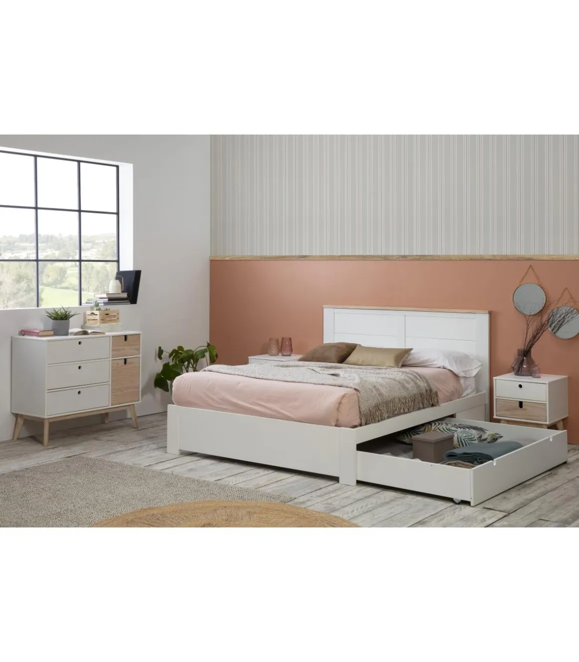 Cama para matrimonio modelo Gala con cajón y somier acabado blanco, para colchón 135/140x190 cm .