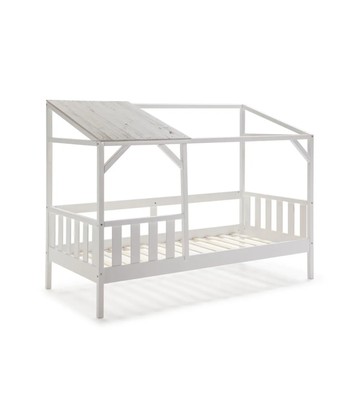 Cama tipo cabaña modelo Aire acabado blanco con tonos grises, 210cm(largo) 99.1cm(ancho) 161.9cm(alto).