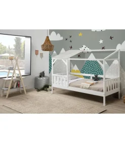 Cama tipo cabaña modelo Aire acabado blanco con tonos grises, 210cm(largo) 99.1cm(ancho) 161.9cm(alto).