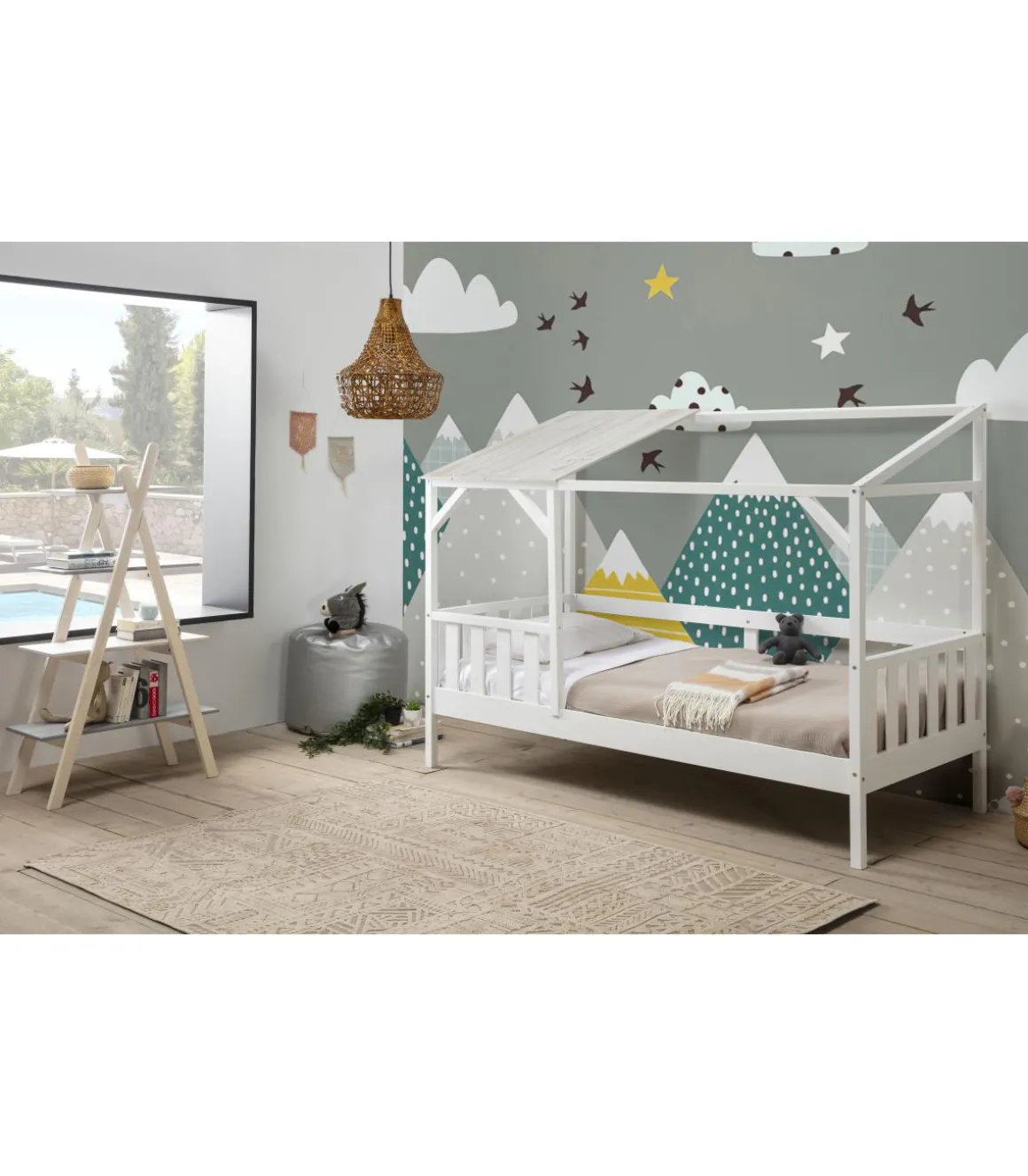 Cama tipo cabaña modelo Aire acabado blanco con tonos grises, 210cm(largo) 99.1cm(ancho) 161.9cm(alto).