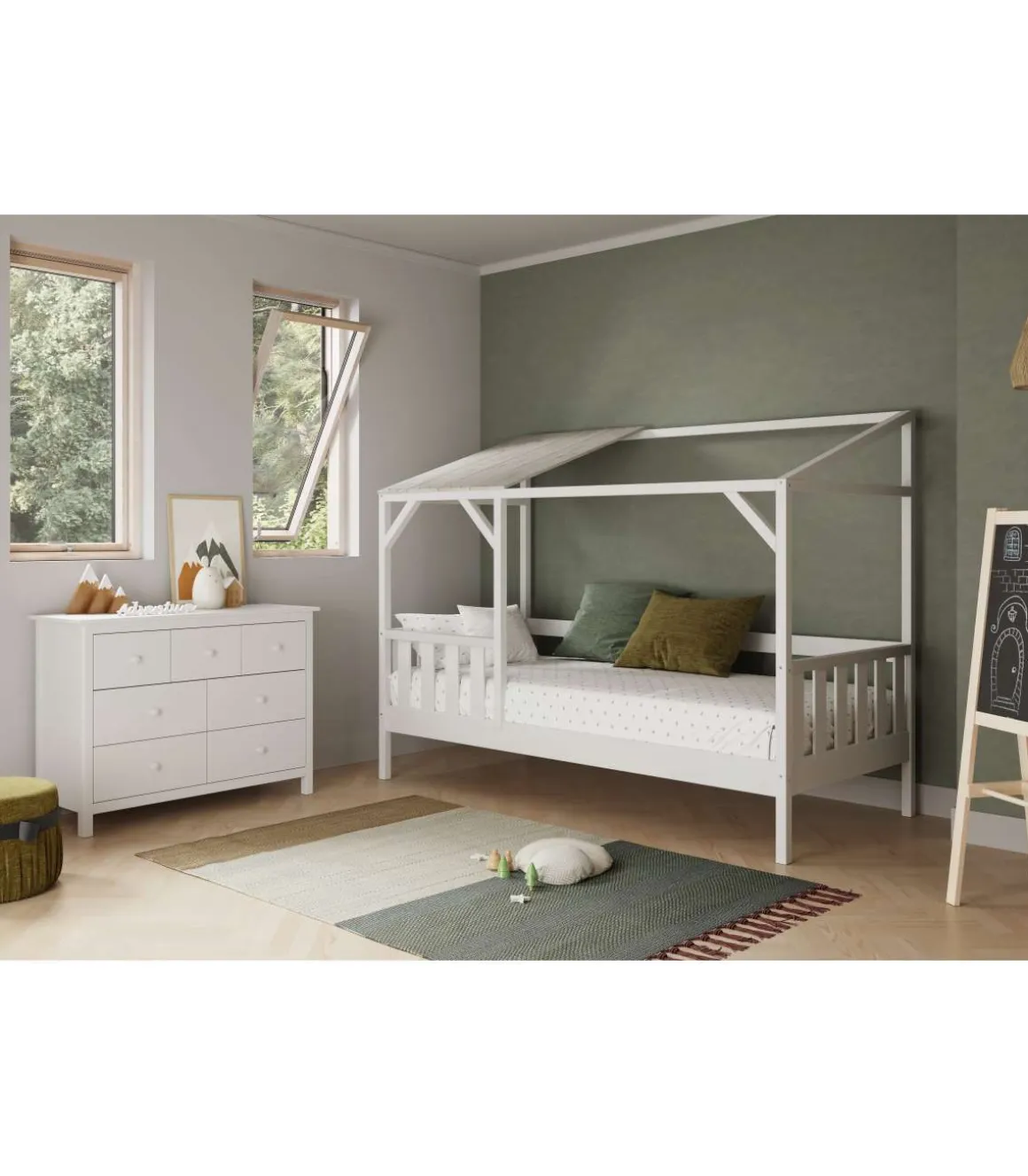 Cama tipo cabaña modelo Aire acabado blanco con tonos grises, 210cm(largo) 99.1cm(ancho) 161.9cm(alto).
