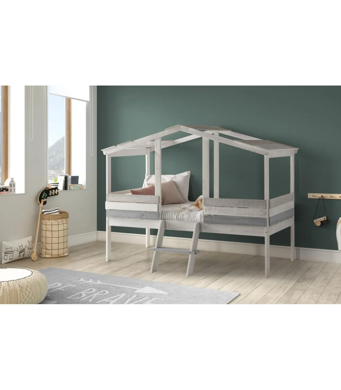 Cama tipo cabaña modelo Unai acabado gris, 206cm(largo) 165cm(ancho) 131cm(alto).