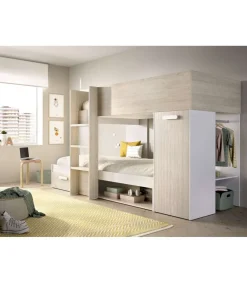 Cama tren Zeus montaje reversible en alistonado natural-blanco, 150 cm(alto)255 cm(ancho)111 cm(largo)