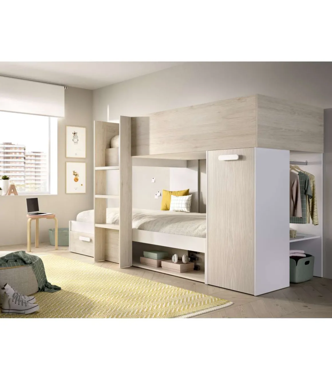 Cama tren Zeus montaje reversible en alistonado natural-blanco, 150 cm(alto)255 cm(ancho)111 cm(largo)