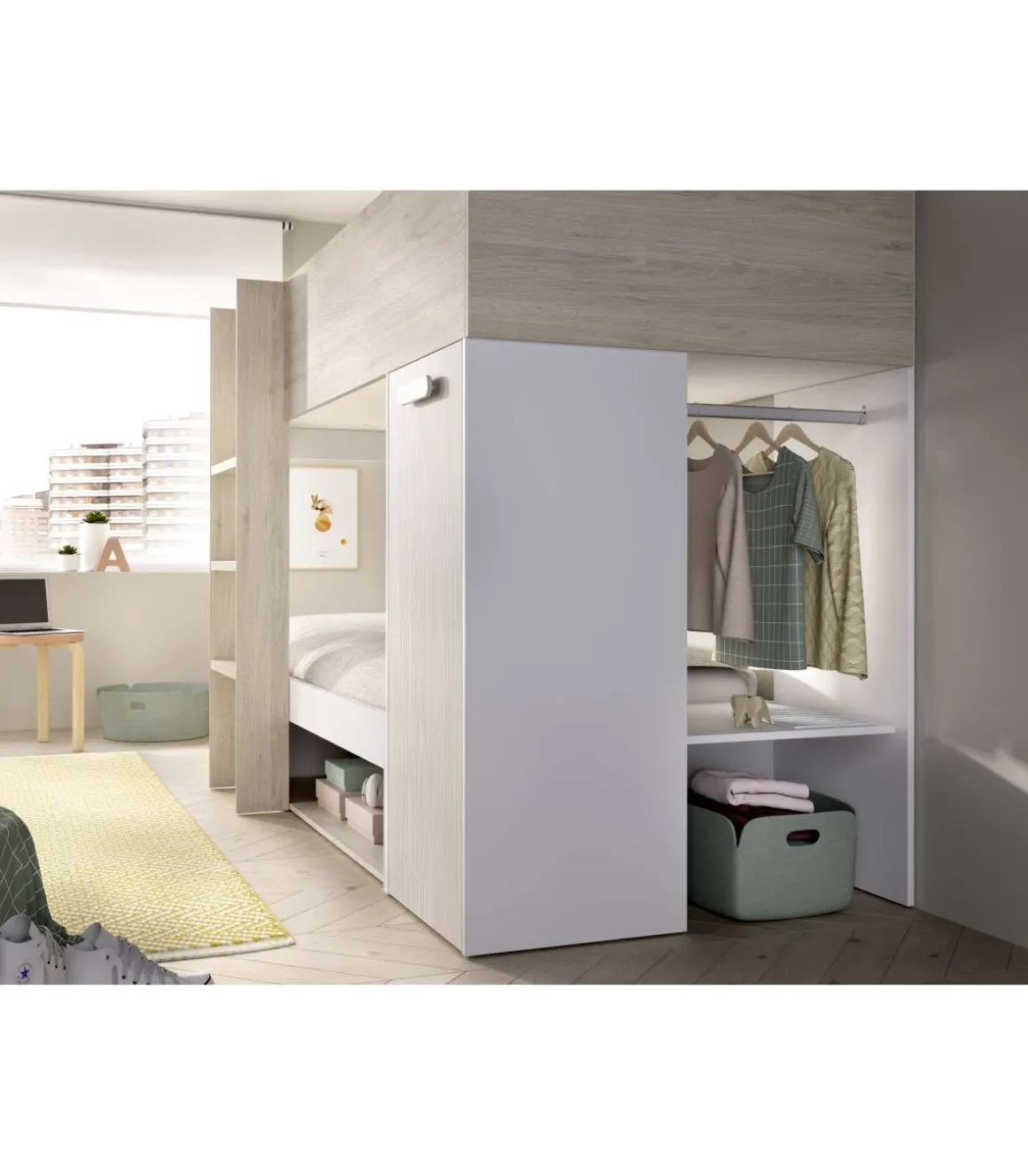 Cama tren Zeus montaje reversible en alistonado natural-blanco, 150 cm(alto)255 cm(ancho)111 cm(largo)