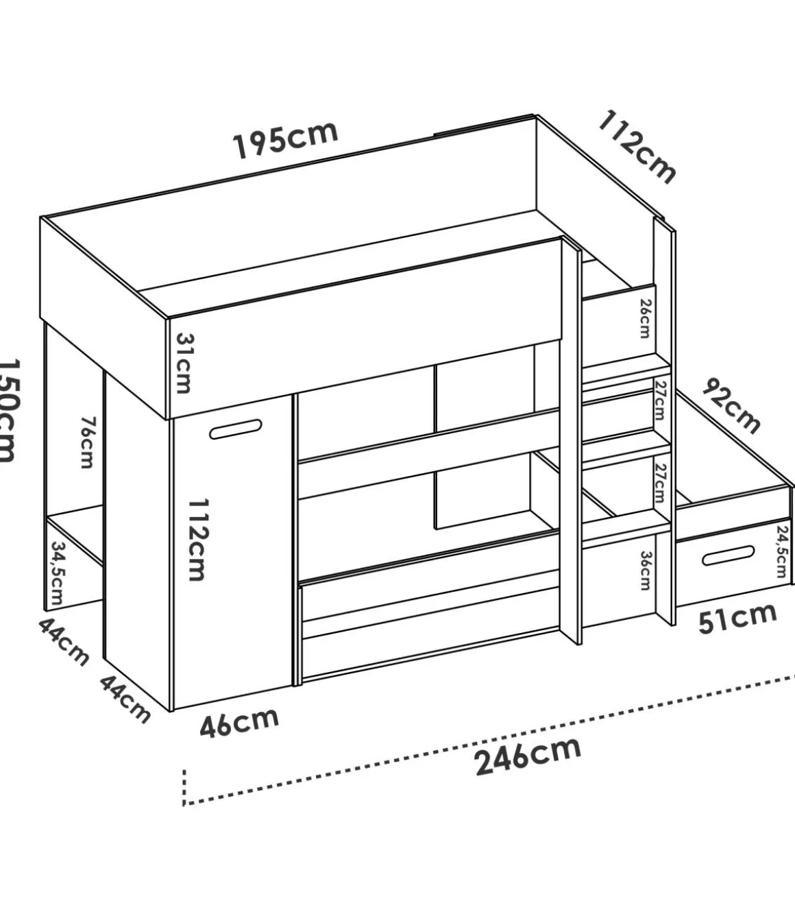 Cama tren Zeus montaje reversible en alistonado natural-blanco, 150 cm(alto)255 cm(ancho)111 cm(largo)