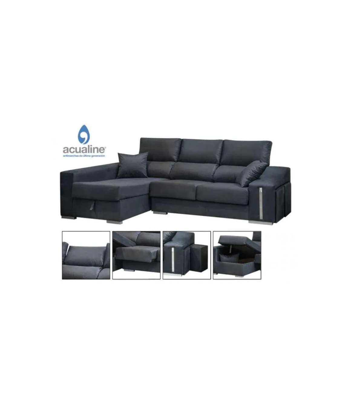 Chaiselongue Malaha en tela antimanchas negra. 265 CM (ANCHO) x 145 CM (Fondo) x 102 CM (ALTO)