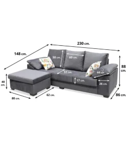 Chaiselongue reversible Alejandra en gris 230 CM (ANCHO) x 148 CM (Fondo) x 88 CM (ALTO)