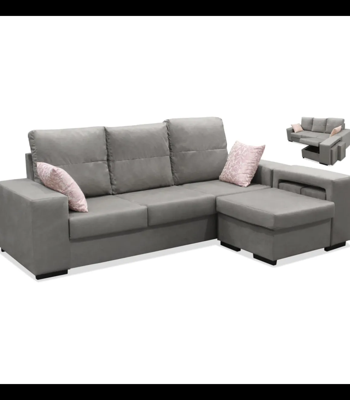 Chaiselongue reversible Bea color gris con dos taburetes, 230 cm (Ancho) x 155 cm (Fondo) x 92 cm (Alto)