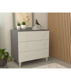 Cómoda 3 cajones Luna acabado gris parís/blanco. 78.6cm(alto), 80cm(ancho), 48cm(fondo)