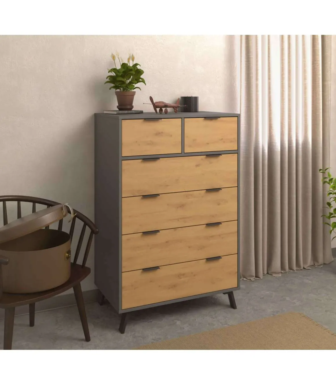 Cómoda 6 cajones Luna acabado gris parís/roble albar. 122cm(alto), 80cm(ancho), 48cm(fondo)