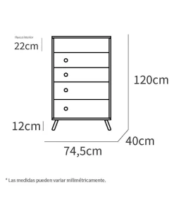 Cómoda Camila en acabado color roble 120 cm(alto)74,5 cm(ancho)40 cm(largo)