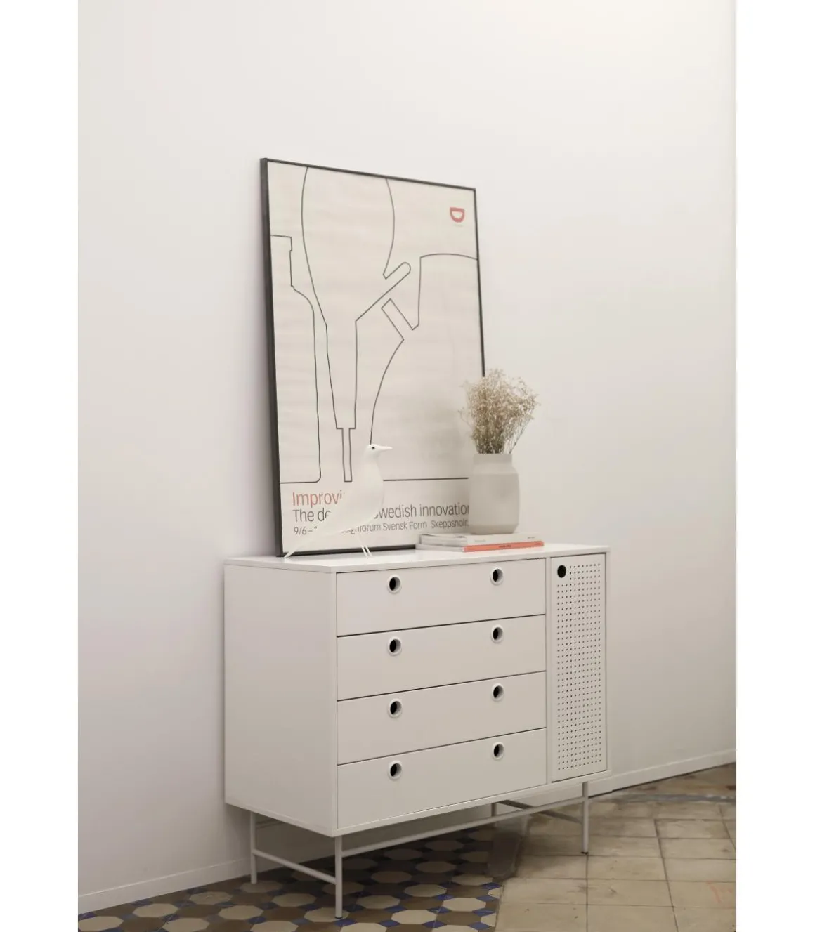 Cómoda para dormitorio modelo Punto 1 puerta 4 cajones acabado blanco, 45cm(ancho) 80cm(alto) 97cm(largo)