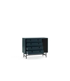 Cómoda para dormitorio modelo Punto 1 puerta 4 cajones acabado azul/negro, 45cm(ancho) 80cm(alto) 97cm(largo)