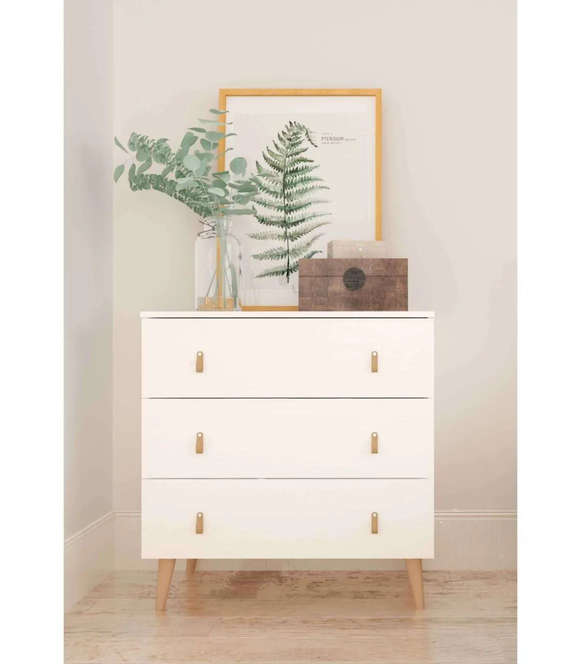 Cómoda Tokio con 3 cajones en blanco poro. 83,5 cm(alto), 80 cm(ancho), 48 cm(fondo)