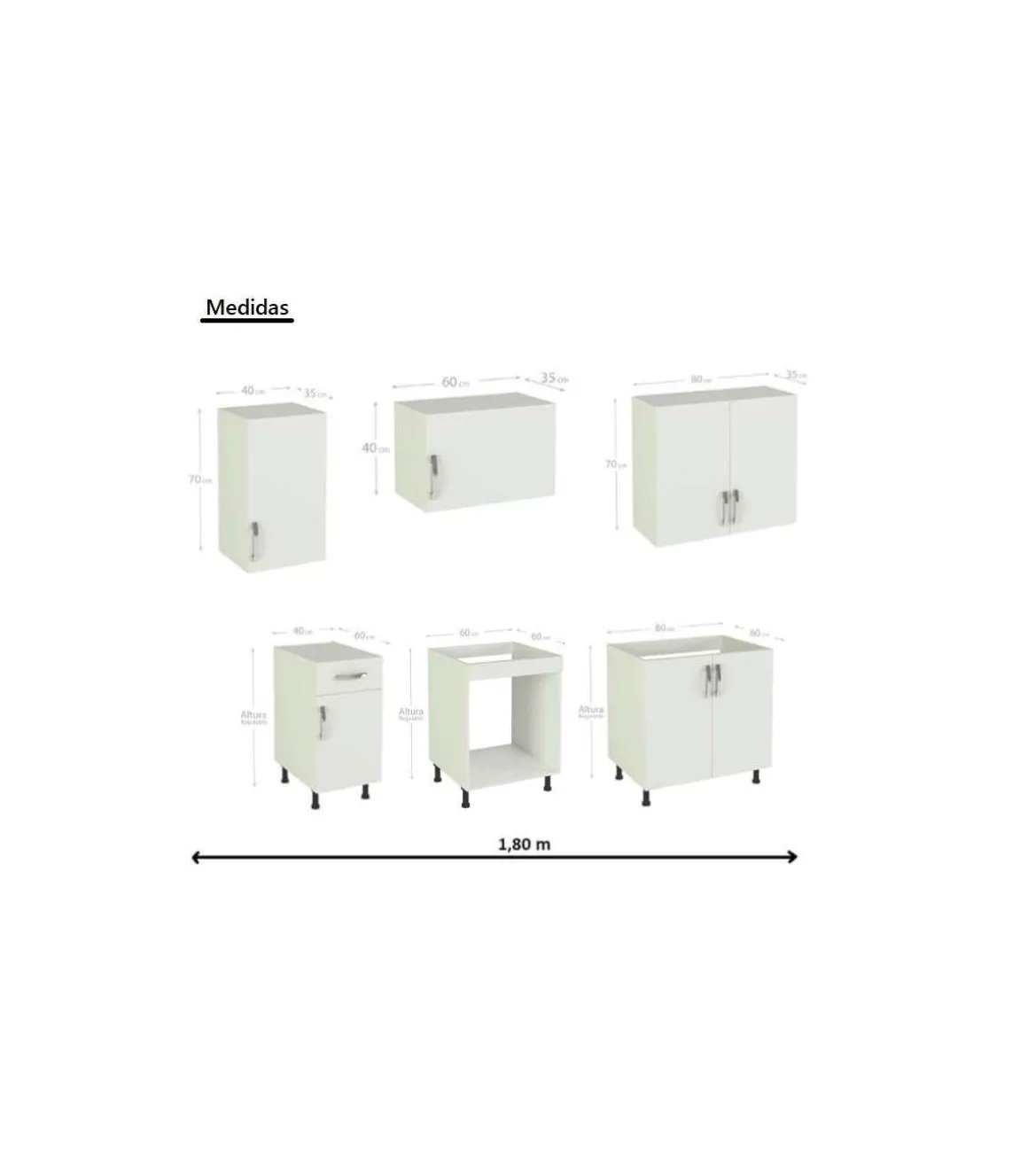 Cocina completa con encimera y con zocalo de 180 cm(ancho) color blanco KIT-KIT