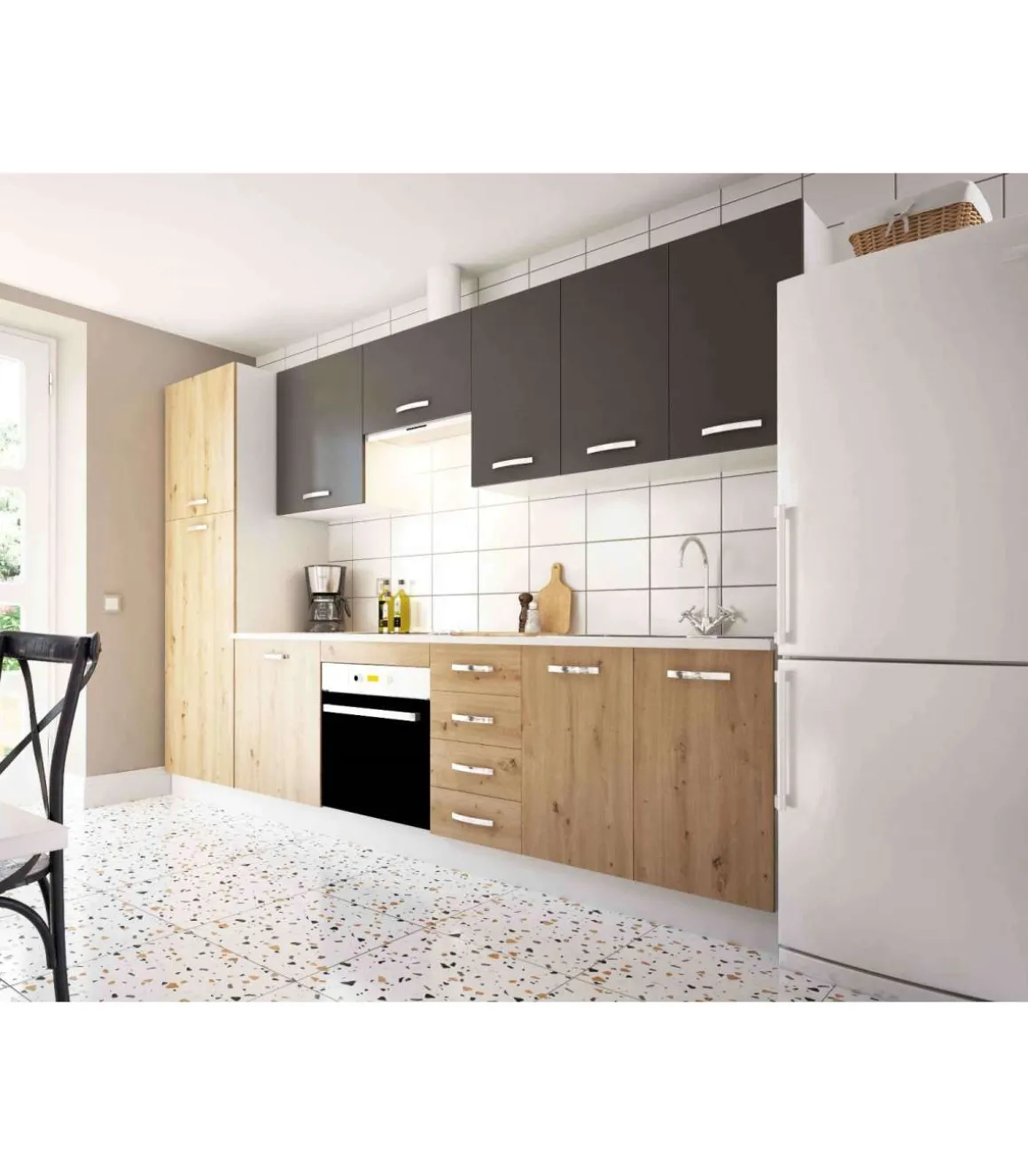 Cocina completa con zocalo y encimera 3 metros(ancho) color roble albar/gris parís KIT-KIT