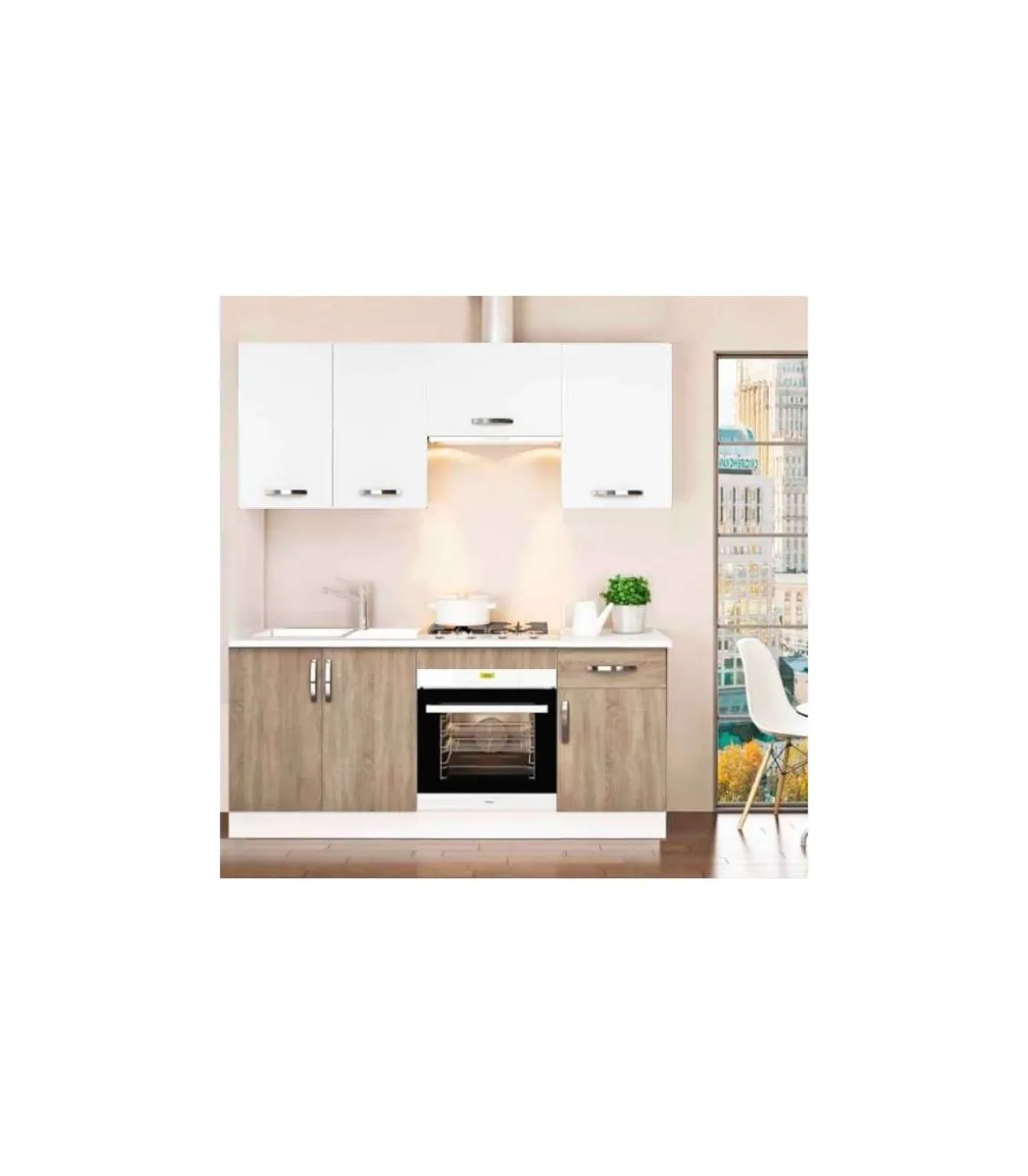 Cocina completa sin encimera y sin zocalo 180 cm(ancho) color roble-blanco KIT-KIT