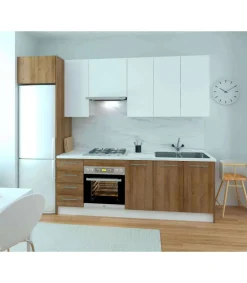 Cocina Kit-Chef sin encimera y sin zocalo de 280 cm(ancho) en blanco y roble.