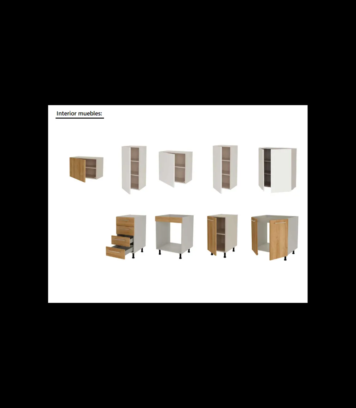 Cocina Kit-Chef sin encimera y sin zocalo de 280 cm(ancho) en blanco y roble.
