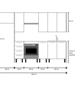 Cocina Kit-Chef sin encimera y sin zocalo de 280 cm(ancho) en blanco y roble.