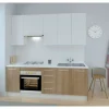 Cocina Kit-Chef sin encimera y sin zocalo de 220 cm de ancho en blanco y roble.