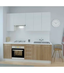 Cocina Kit-Chef sin encimera y sin zocalo de 220 cm de ancho en blanco y roble.