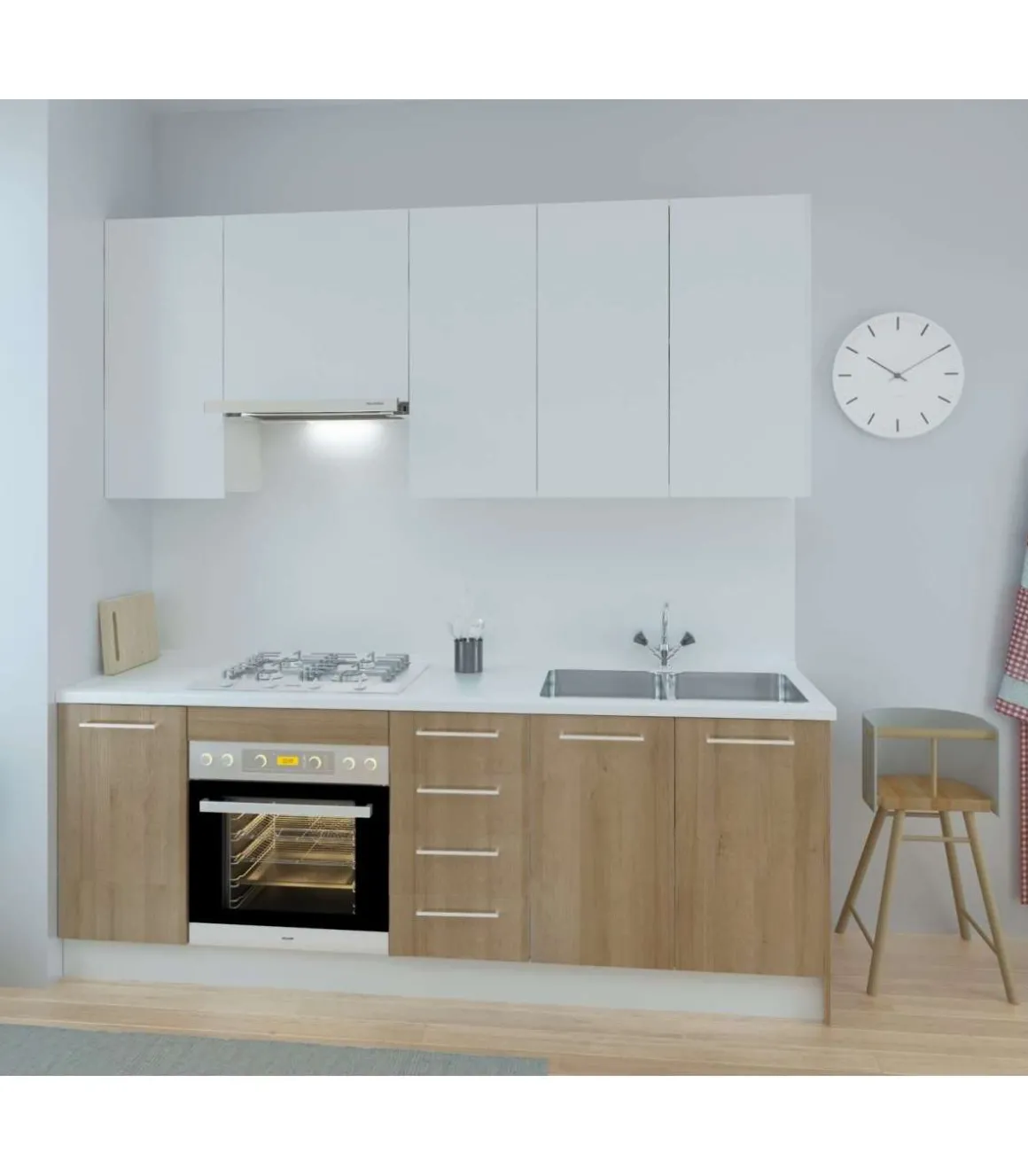 Cocina Kit-Chef sin encimera y sin zocalo de 220 cm de ancho en blanco y roble.