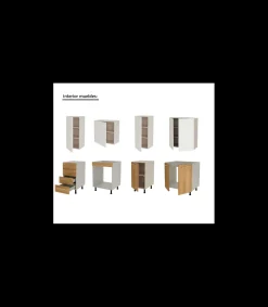 Cocina Kit-Chef sin encimera y sin zocalo de 220 cm de ancho en blanco y roble.