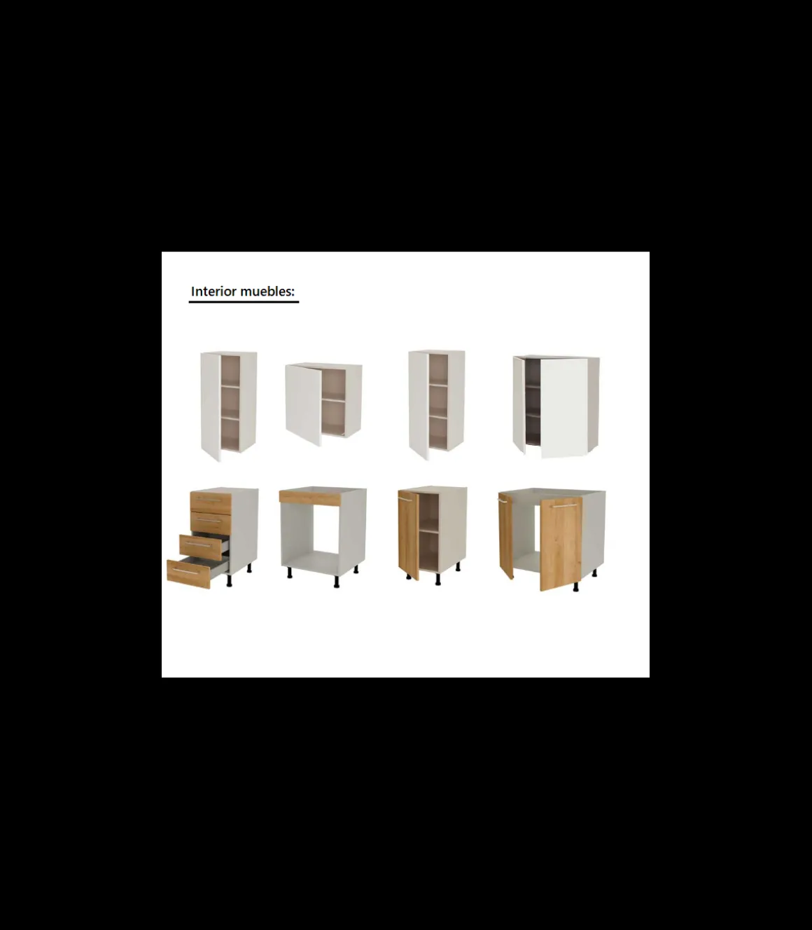 Cocina Kit-Chef sin encimera y sin zocalo de 220 cm de ancho en blanco y roble.