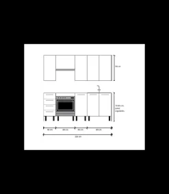 Cocina Kit-Chef sin encimera y sin zocalo de 220 cm de ancho en blanco y roble.