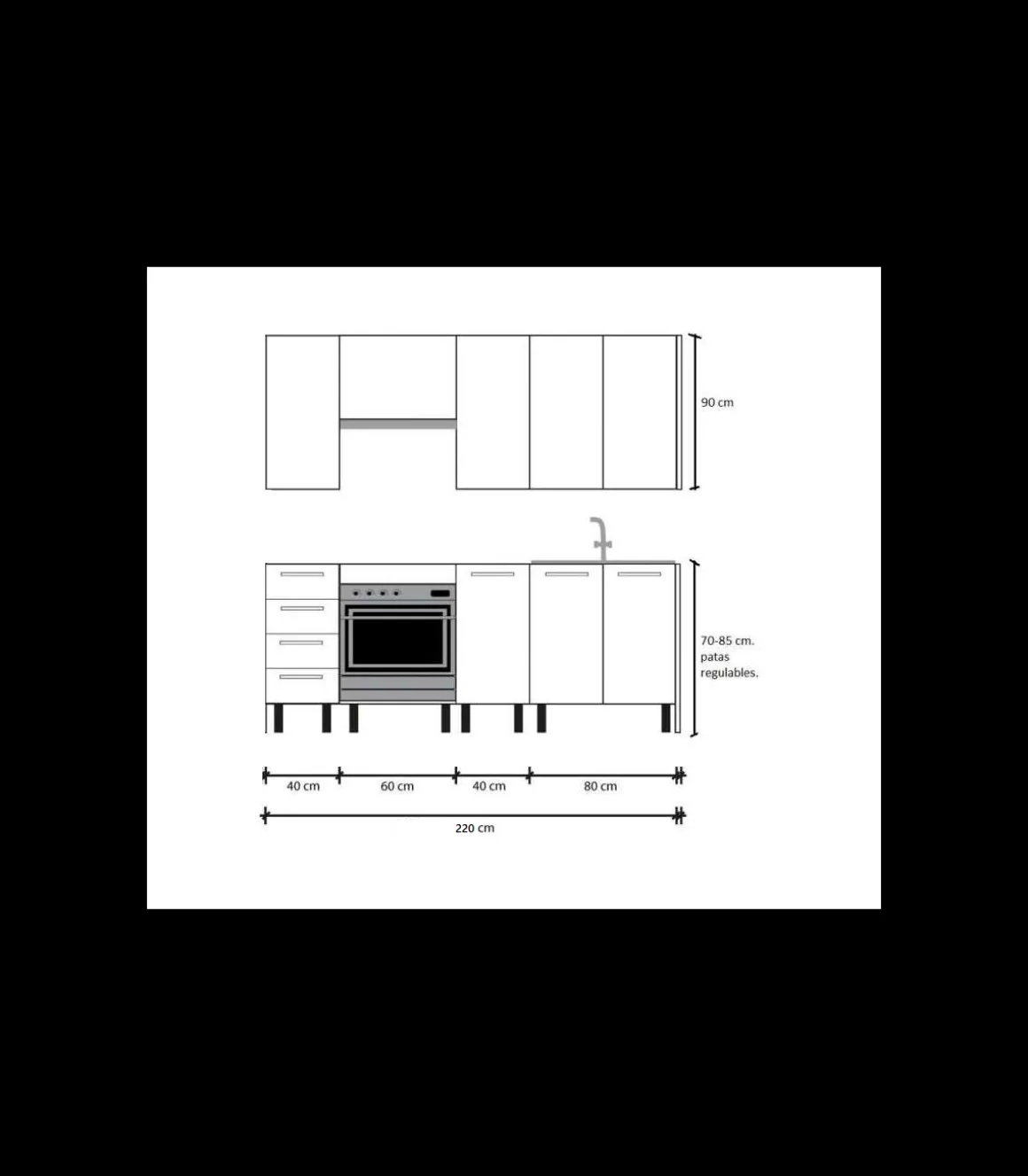 Cocina Kit-Chef sin encimera y sin zocalo de 220 cm de ancho en blanco y roble.