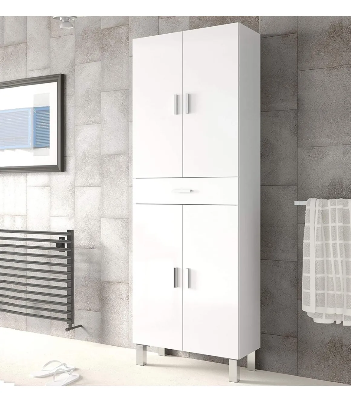 Columna para baño Kris de 4 puertas y 1 cajón acabado blanco brillo, 182 cm(alto)60 cm(ancho)29 cm(largo)