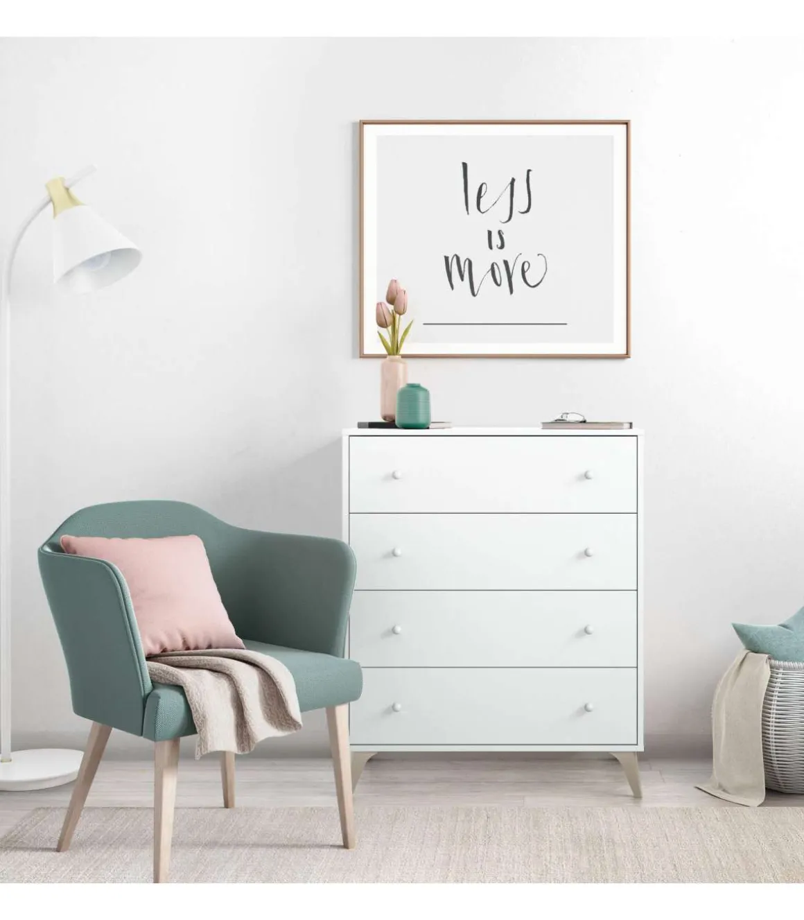 Comoda con 4 Cajones para Dormitorio Liss en Color Blanco Artik, 77,5 cm (Ancho) x 95 cm (Alto) x 40 cm (Fondo)