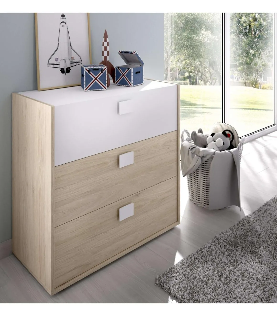 Comoda Santisteban 3 cajones en acabado natural/blanco 81 cm(alto)80 cm(ancho)43 cm(largo)