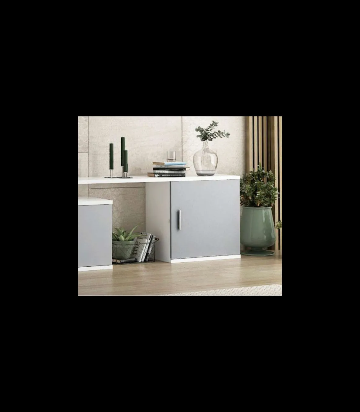 Composición de salón Benalúa en blanco y aluminio. De 220 a 270 cm de ancho. Se sirve montado.